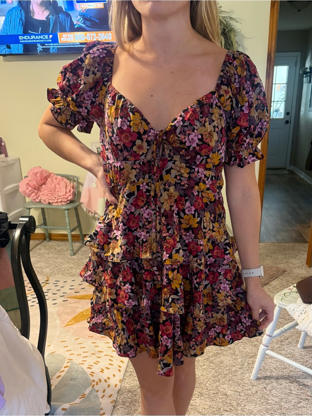 Buddy Love Floral Tiered Mini Dress in Black, Pink & Yellow